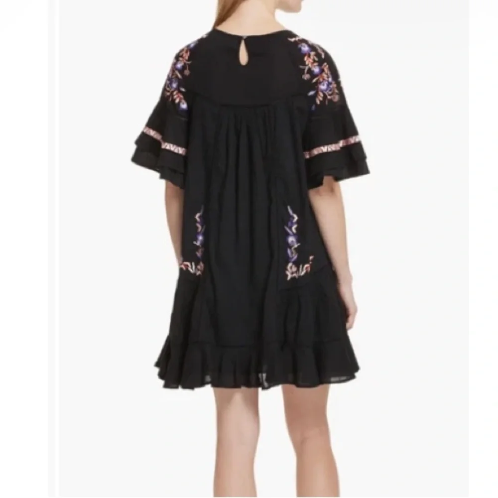 FREE PEOPLE pavlo A-line black flutter sleeve dress cotton embroidered M western